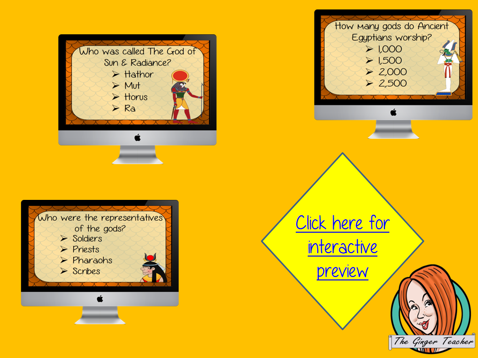 Egyptian Gods Revision Questions This deck revises children’s knowledge of Egyptian Gods. There are multiple choice revision questions to check children’s understanding. These question cards are self-grading and lots of fun!