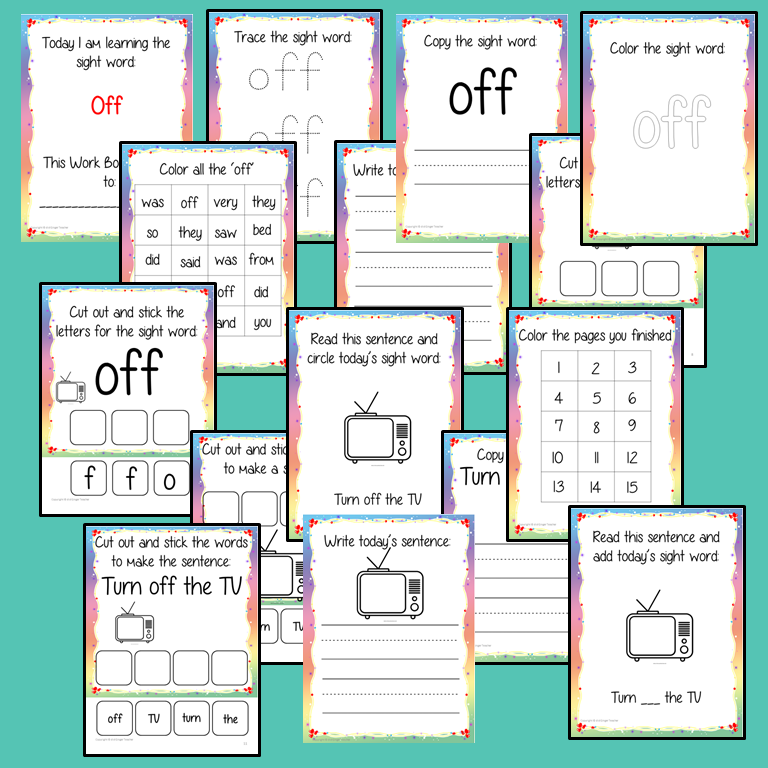 Sight Word ‘Off’ 15 Page Workbook Help your children practice their sight words with 15 pages of activities to spell and use the sight word ‘Off’ in sentences. The 15 pages contain, handwriting practice, tracing and spelling the word and sentence reading and construction.