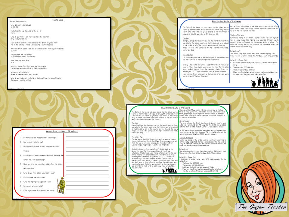 Battle of the Somme Comprehension Cards Differentiated reading comprehension cards. Three levels of texts and questions to help children with reading comprehension. This text is on The Battle of the Somme and has questions to help children understand and draw meaning from the text.