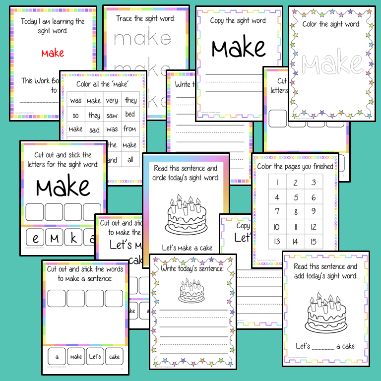 Sight word ‘make’ 15 page workbook. Contains pages to learn the fry sight word ‘make’, for learning the high frequency words. Contains handwriting practice, word practice, spelling and use in sentences. #sightwords # frywords #highfrequencywords