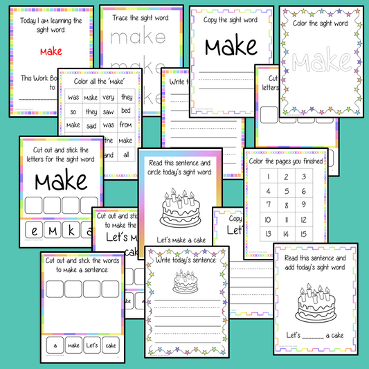 Sight word ‘make’ 15 page workbook. Contains pages to learn the fry sight word ‘make’, for learning the high frequency words. Contains handwriting practice, word practice, spelling and use in sentences. #sightwords # frywords #highfrequencywords
