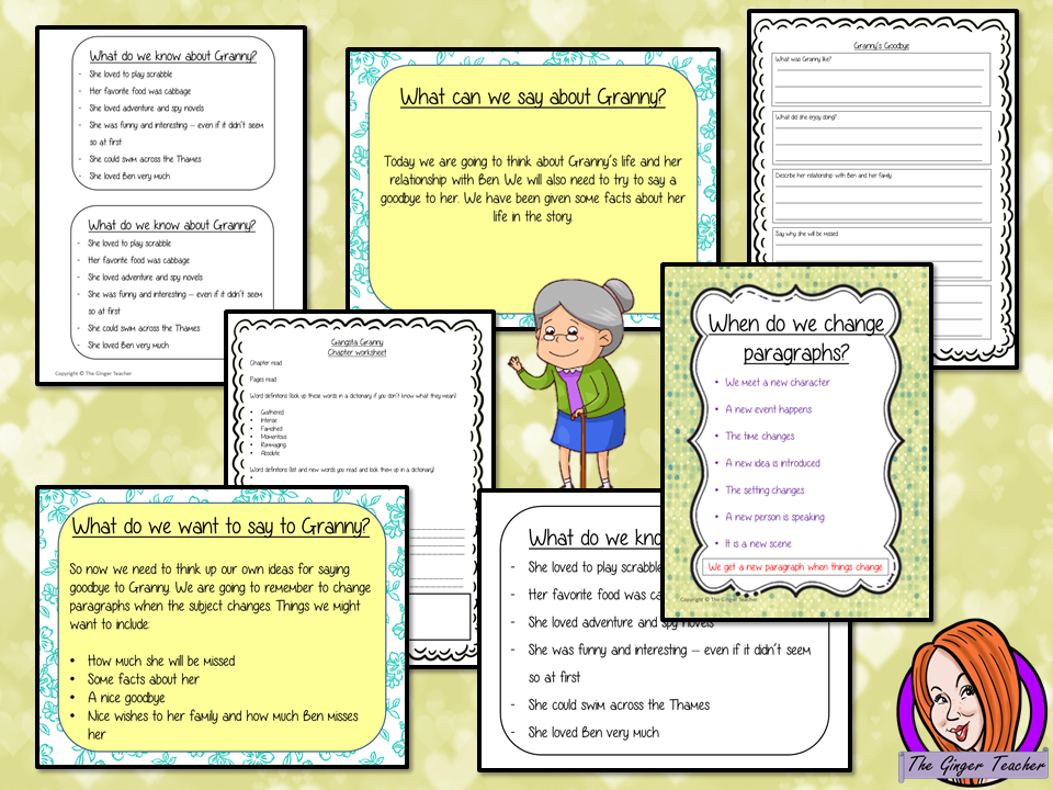 Complete, use of paragraphs, lesson on the thirty third chapter of the book Gangsta Granny by David Walliams. Children will read and discuss the chapter. There is a PowerPoint to explain the activity and paragraph practice with examples and suggestions. Children can then plan and write their own pieces of work. There is also a short chapter summary sheet for children to complete to reflect on the chapter read. #lessonplans #bookstudy #teachingideas #readingactivities