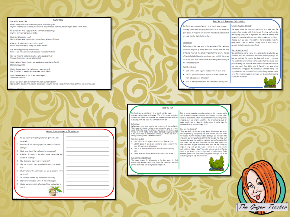 Rainforest Deforestation Reading Comprehension Cards  Differentiated reading comprehension cards. Three levels of texts and questions to help children with reading comprehension. This text is on Rainforest Deforestation and has questions to help children understand and draw meaning from the text.