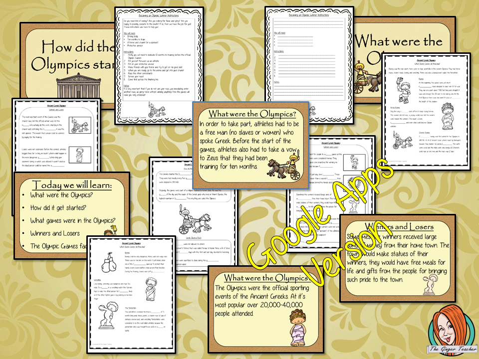 Distance Learning Ancient Greek Olympics Complete History Lesson Teach children about Ancient Greek Olympic Games. resources lesson to teach children about the types of games how they started and the winners and losers of the Olympics. 34 slide PowerPoint and 4 versions of the 8-page worksheet to show their understanding, along with an activity to write instructions for winning The Olympics. #lessonplanning #ancientGreeks #Greeks #teaching #historylessons #historyplanning #googleclassroom
