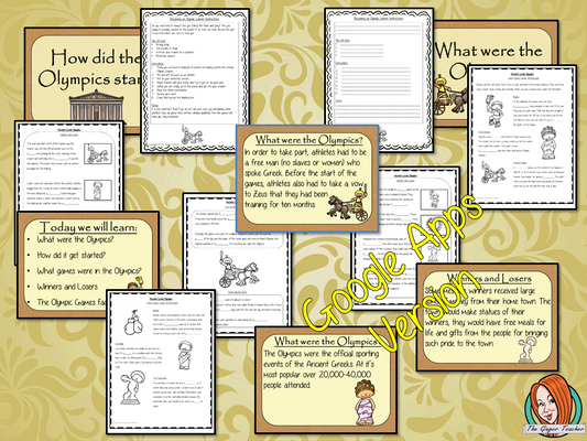 Distance Learning Ancient Greek Olympics Complete History Lesson Teach children about Ancient Greek Olympic Games. resources lesson to teach children about the types of games how they started and the winners and losers of the Olympics. 34 slide PowerPoint and 4 versions of the 8-page worksheet to show their understanding, along with an activity to write instructions for winning The Olympics. #lessonplanning #ancientGreeks #Greeks #teaching #historylessons #historyplanning #googleclassroom