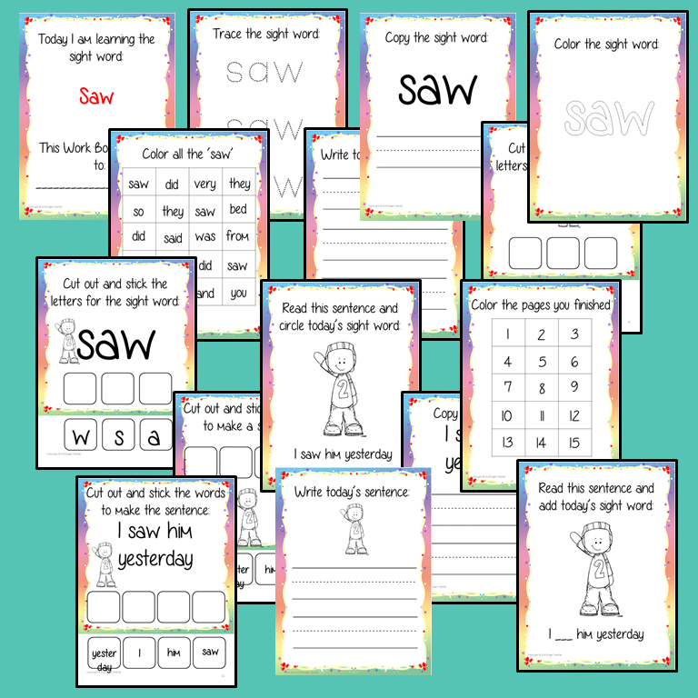 Sight Word ‘Saw’ 15 Page Workbook Help your children practice their sight words with 15 pages of activities to spell and use the sight word ‘Saw’ in sentences. The 15 pages contain, handwriting practice, tracing and spelling the word and sentence reading and construction.