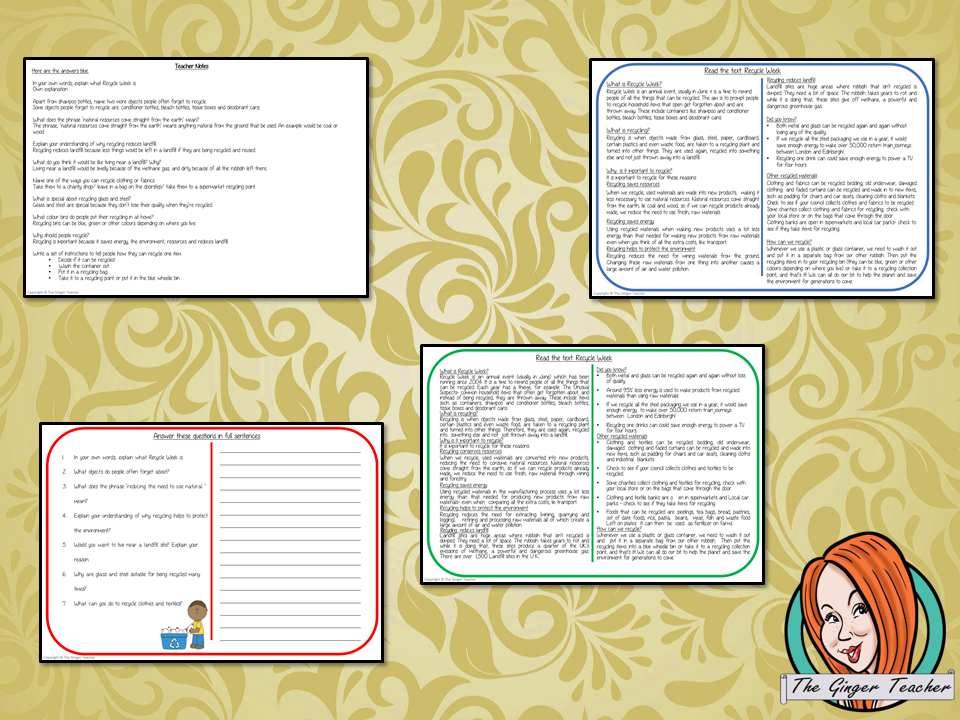 Recycle Week Reading Comprehension Cards  Differentiated reading comprehension cards. Three levels of texts and questions to help children with reading comprehension. This text is on Recycle Week and has questions to help children understand and draw meaning from the text.