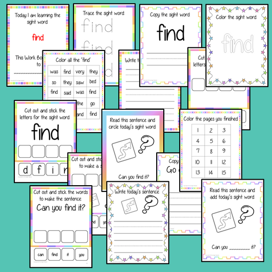 Sight word ‘find’ 15 page workbook. Contains pages to learn the fry sight word ‘find’, for learning the high frequency words. Contains handwriting practice, word practice, spelling and use in sentences. #sightwords # frywords #highfrequencywords
