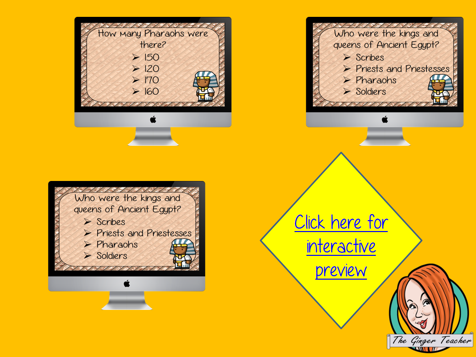 Ancient Egyptian Pharaohs Revision Questions This deck revises children’s knowledge of Ancient Egyptian Pharaohs. There are multiple choice revision questions to check children’s understanding. These question cards are self-grading and lots of fun!