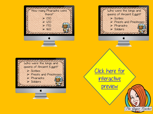Ancient Egyptian Pharaohs Revision Questions This deck revises children’s knowledge of Ancient Egyptian Pharaohs. There are multiple choice revision questions to check children’s understanding. These question cards are self-grading and lots of fun!