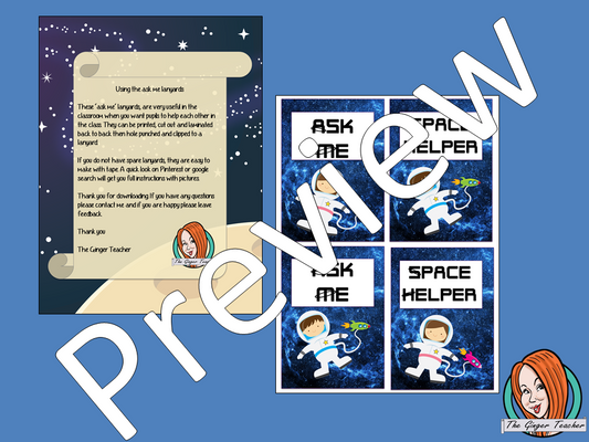 Space classroom Themed ‘Ask Me’/ Helper Lanyards This download includes a fun space lanyard for your classroom helpers. These are great for kids to help their teacher and classmates when they finish their work This download includes: - Ask me and space helper lanyard cards - Full instructions #classroomthemes #teachingideas #spaceclassroom