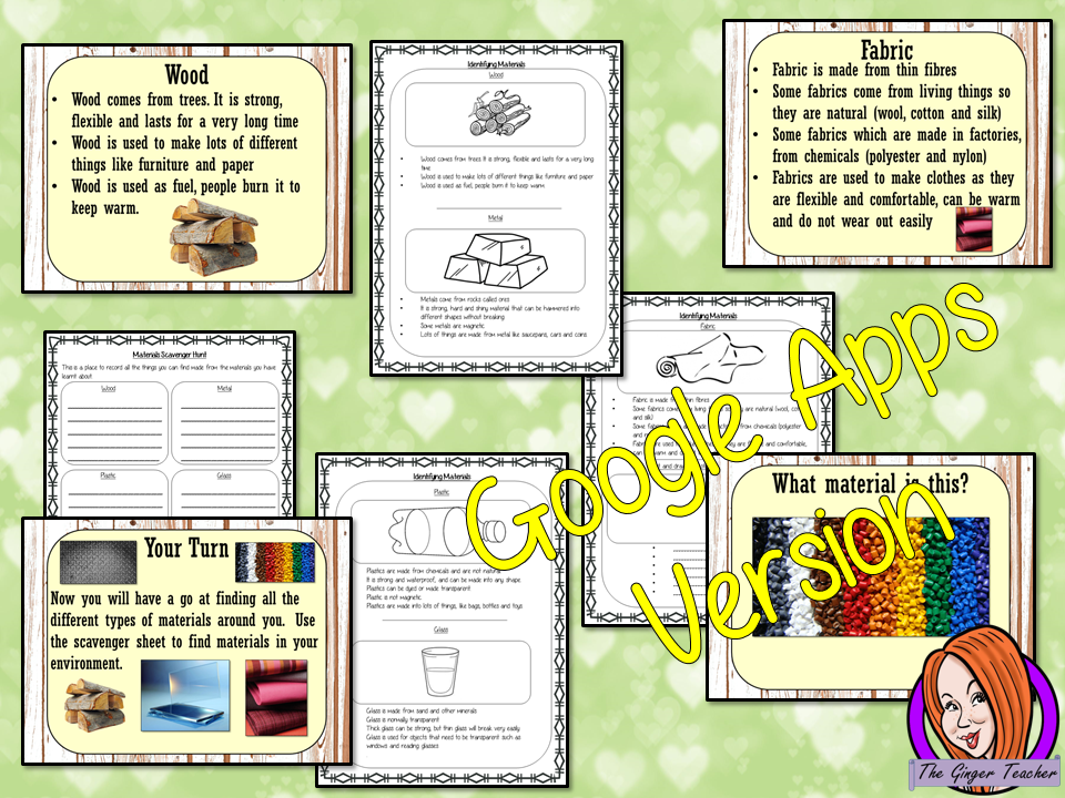 Distance Learning Identifying Materials Google Slides Lesson This lesson includes a 17 slide presentation on identifying everyday materials. There are also differentiated, Google Slides worksheets to allow children to demonstrate understanding of the materials. This is the Google Slides version of this lesson!