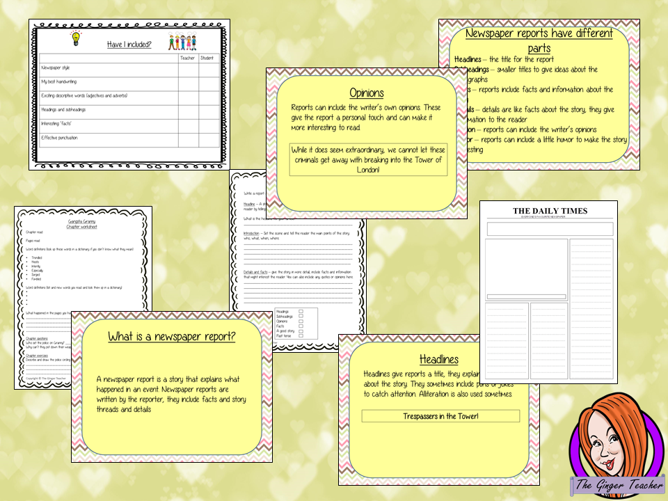 Complete report writing lesson on the 29th chapter of the book Gangsta Granny by David Walliams. The lesson focuses on how write newspaper reports. There is a detailed PowerPoint to ensure children’s understanding of the elements of newspaper reports. The class will write a report together and then the children plan and write their own using the writing frame and success criteria included to allow for confidence writing independently. #lessonplans #bookstudy #teachingideas #readingactivities