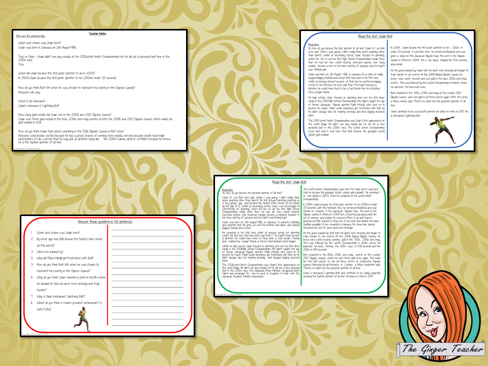 Usain Bolt Biography Reading Comprehension Cards  Differentiated reading comprehension cards. Three levels of texts and questions to help children with reading comprehension. This text is on Usain Bolt Biography and has questions to help children understand and draw meaning from the text.