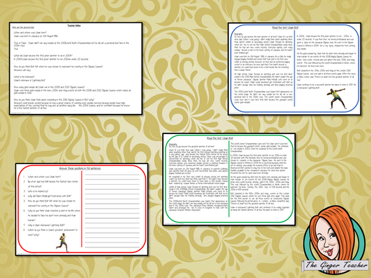 Usain Bolt Biography Reading Comprehension Cards Differentiated reading comprehension cards. Three levels of texts and questions to help children with reading comprehension. This text is on Usain Bolt Biography and has questions to help children understand and draw meaning from the text.