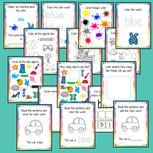 Color ‘Blue’ 16 Page Workbook Help your children practice recognizing and writing the color blue, with 15 pages of activities to select and color. The 15 pages contain, object coloring, tracing, spelling the color word and picking out the blue objects. #learncolors #teachcolors