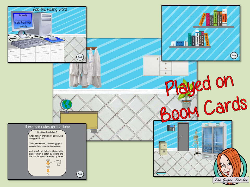 Life Sciences Escape Room Children can practice and learn about life science with this fun digital escape room. Children will need to explore the room answer questions and collect information to solve the puzzles and eventually escape the mad scientist’s lab. No printing required This game uses Boom Cards and you will need a Boom card account to play it which is free