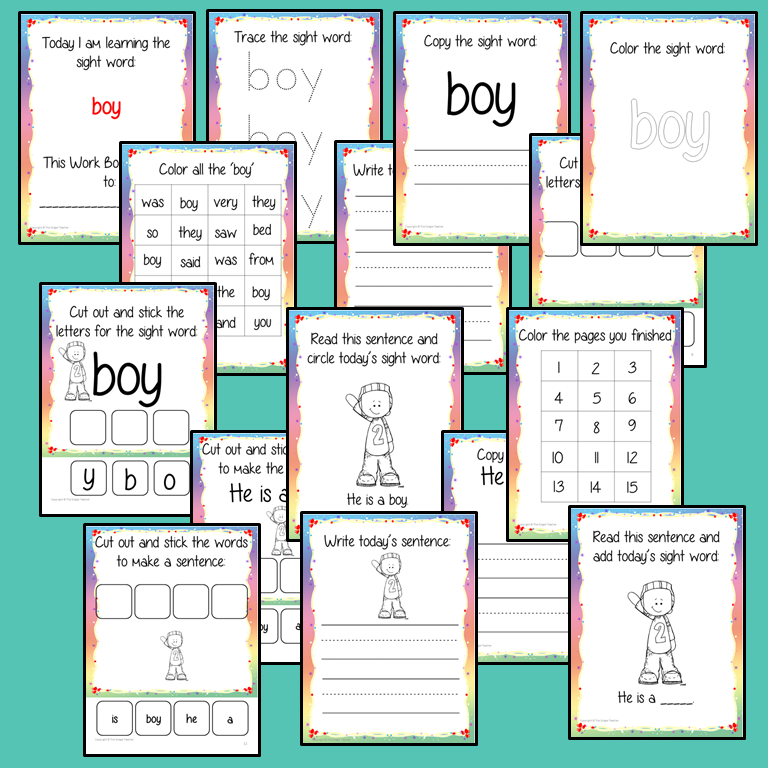 Sight word ‘boy’ 15 page workbook. Contains pages to learn the fry sight word ‘boy’, for learning the high frequency words. Contains handwriting practice, word practice, spelling and use in sentences. #sightwords # frywords #highfrequencywords