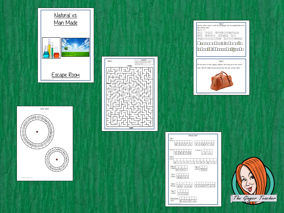 Natural v Man made Materials Escape Room Game Try this escape room style game with your students today! This is a fun game that is perfect for teaching children about Natural v Man made Materials. This game focuses on students finding out facts and information and using these to solve puzzles. This helps them to learn. This activity is great for the beginning of a topic to introduce information or at the end to recap. Students are trying to help an alien understand Natural v Man made Materials and they m