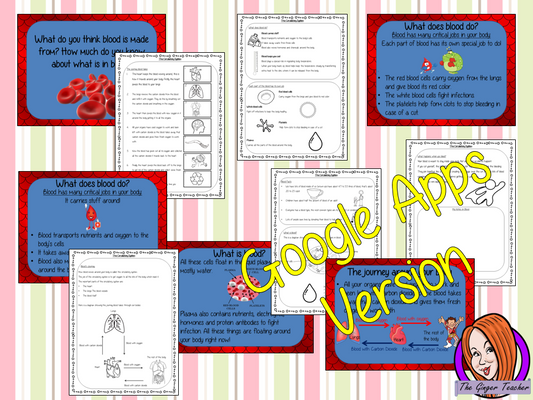 Distance Learning Blood and the Circulatory System Google Slides Lesson This download includes a detailed 47 slide presentation explaining the blood in the human body. It covers the important roles blood plays in the human body; the elements of blood; the journey blood takes around the body and also what happens when the skin is broken and people bleed. This is the Google Slides version of this lesson! The children also can complete circulatory system activity sheets to consolidate the knowledge