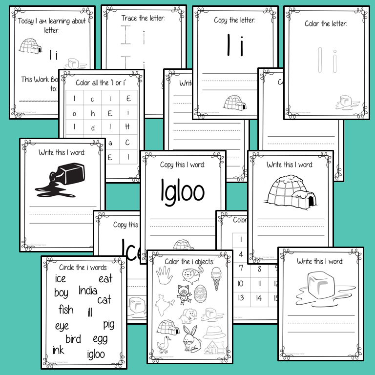 Alphabet Book Letter I Help your children practice recognizing and using I, with 15 pages of activities. The 15 pages contain, copying, tracing, writing, coloring, reading and spotting the letter and sound I