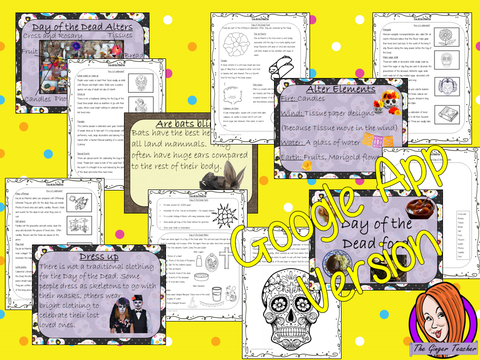 Distance Learning Day of the Dead - Dia de Los Muertos Google Slides Lesson  These resources teach children about the festival of Dia de los Muertos in one complete lesson.  Learn all about Day of the Dead History.  There is a detailed 45 slide presentation on the celebrations of The Day of the Dead festival, fun traditional facts, and details about how it is celebrated, information about the food that is made and eaten, Dia de Los Muertos traditions and a look at the different parts of an altar. There are