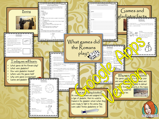 Distance Learning Ancient Roman Games and Gladiators Teach children about Ancient Roman Games. This is a complete Google Slides lesson to teach children about the types of games. The children will learn the types of games the Romans played, why they were important and the role and life of gladiators. There is a detailed 37 slide presentation and four versions of the 8-page worksheet to allow children to show their understanding. This is the Google Slides version of this lesson!
