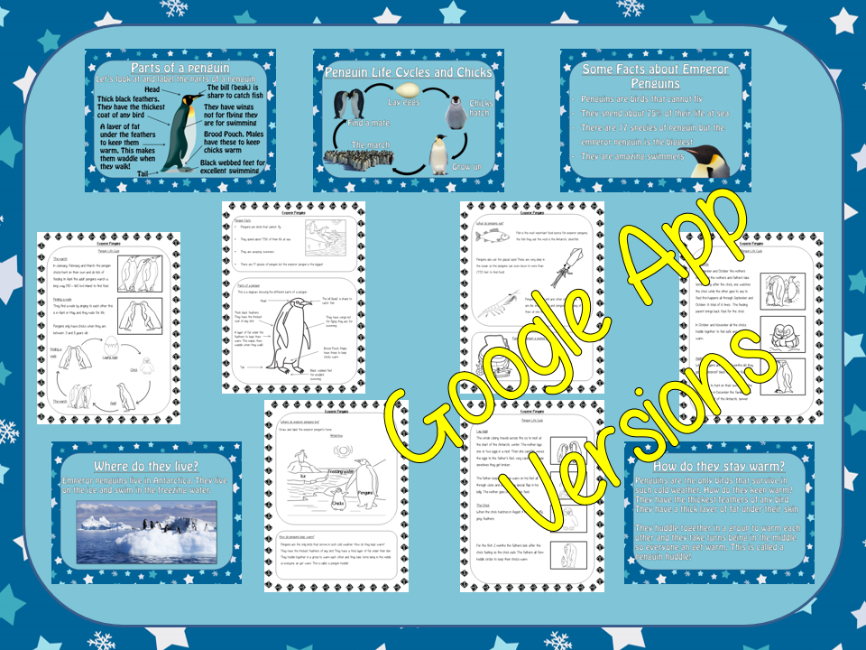 Distance Learning Emperor Penguins Google Slides Lesson This lesson includes a detailed 30 slide presentation and penguin Google Slides worksheets explaining all about Emperor penguins. It covers the important parts of the penguins’ body; what they eat; where they live; how they keep warm and explains the penguin life cycle. This is the Google Slides version of this lesson! This download includes: - Complete 30 slide Presentation - Three versions of a the 6 page differentiated penguin worksheets - Ans
