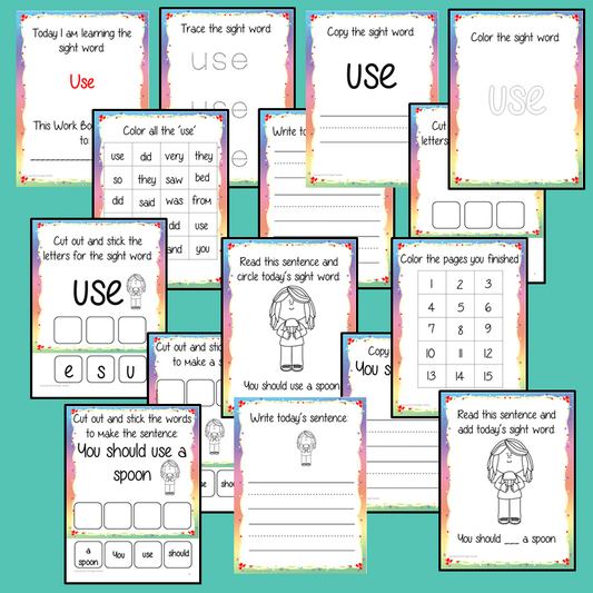 Sight Word ‘Use’ 15 Page Workbook Help your children practice their sight words with 15 pages of activities to spell and use the sight word ‘Use’ in sentences. The 15 pages contain, handwriting practice, tracing and spelling the word and sentence reading and construction.