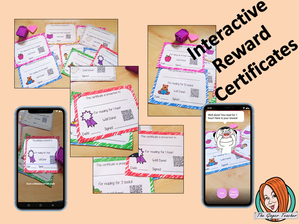 Interactive Classroom reading achievement certificates fun way to welcome your class back to school These certificates can be printed and used in your classroom download the free Metaverse AR (augmented reality) app Scan the code and a fun character will appear in your classroom to congratulate the kids! Each certificate has AR reward that the children collect also the option to take a reward selfie. #ar #augmentedreality #bragtags #rewardtag #awardtags