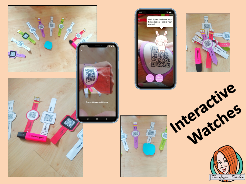 Interactive Multiplication Reward watches (Brag Tags) download the free Metaverse AR app Scan the code and a fun character will appear to congratulate the kids! Each tag has AR reward that the children collect also the option to take a reward selfie these reward watches can be printed and used in your classroom to encourage good character traits. They are great to give out to the children to create a fun classroom environment. #bragtags #rewardtag #awardtags #backtoschool
