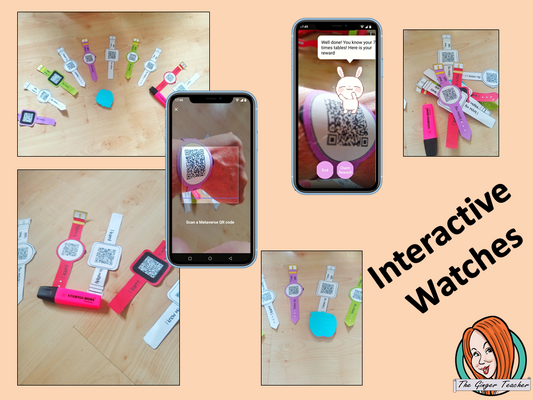 Interactive Multiplication Reward watches (Brag Tags) download the free Metaverse AR app Scan the code and a fun character will appear to congratulate the kids! Each tag has AR reward that the children collect also the option to take a reward selfie these reward watches can be printed and used in your classroom to encourage good character traits. They are great to give out to the children to create a fun classroom environment. #bragtags #rewardtag #awardtags #backtoschool