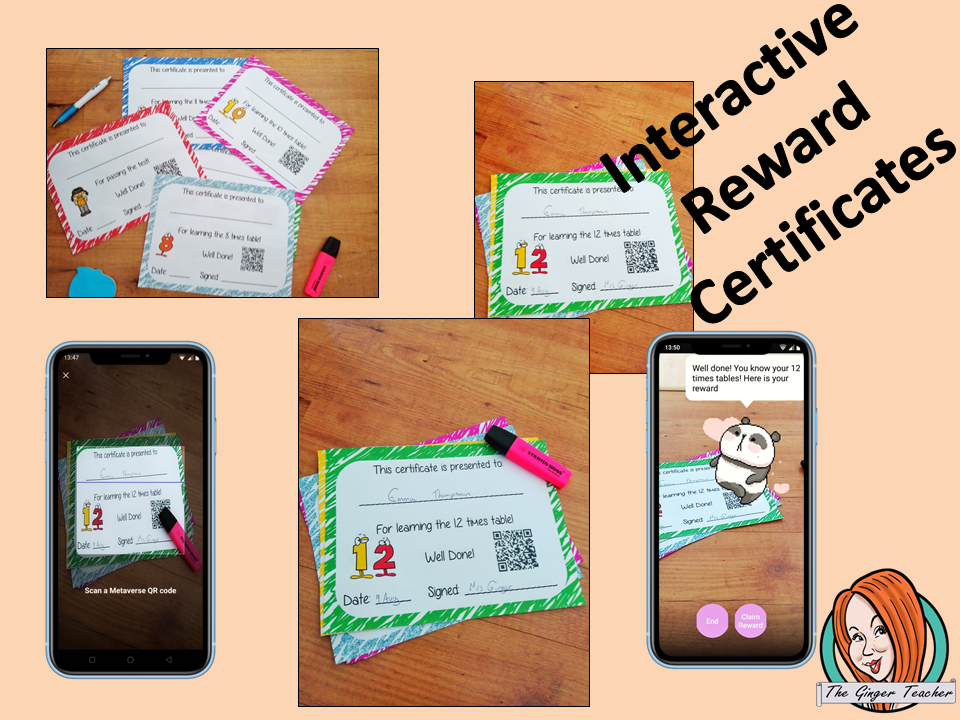 Interactive Classroom Multiplication certificates fun way to reward multiplication learning These certificates can be printed and used in your classroom download the free Metaverse AR (augmented reality) app Scan the code and a fun character will appear in your classroom to congratulate the kids! Each certificate has AR reward that the children collect also the option to take a reward selfie. #ar #augmentedreality #bragtags #rewardtag #awardtags