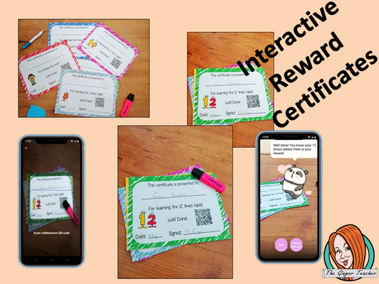 Interactive Classroom Multiplication certificates fun way to reward multiplication learning These certificates can be printed and used in your classroom download the free Metaverse AR (augmented reality) app Scan the code and a fun character will appear in your classroom to congratulate the kids! Each certificate has AR reward that the children collect also the option to take a reward selfie. #ar #augmentedreality #bragtags #rewardtag #awardtags