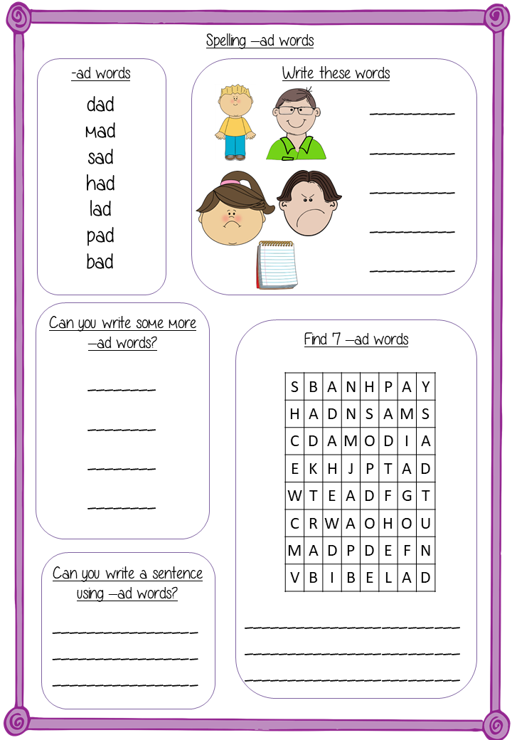 Spelling Activities for –ad words pre-k to 1st This download includes 36 pages of printable spelling activities for teaching first –ad words . Activities include worksheets, games and display board parts. Please see preview for full list. #teaching #grammar #spag #spelling #punctuation #lessons #planning #english #prek
