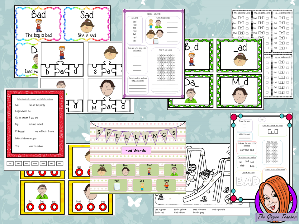 Spelling Activities for –ad words pre-k to 1st This download includes 36 pages of printable spelling activities for teaching first –ad words . Activities include worksheets, games and display board parts. Please see preview for full list. #teaching #grammar #spag #spelling #punctuation #lessons #planning #english #prek