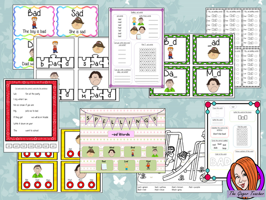 Spelling Activities for –ad words pre-k to 1st This download includes 36 pages of printable spelling activities for teaching first –ad words . Activities include worksheets, games and display board parts. Please see preview for full list. #teaching #grammar #spag #spelling #punctuation #lessons #planning #english #prek