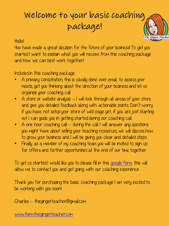 Teacher Author Basic Coaching Package I have been coaching sellers for just over a year and I am now opening up my coaching services to a limited number of new clients for this year. I can advise on: Store and site design, product creation, Selling platforms, social media marketing, blogging, use of email lists, business growth and much more. #teacherauthors #teachingresources #resources #selling #sellingonline #teachers #tpt #teacherspayteachers