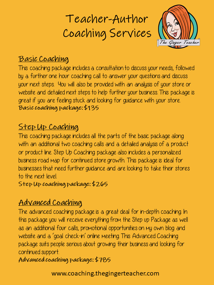 Teacher Author Basic Coaching Package I have been coaching sellers for just over a year and I am now opening up my coaching services to a limited number of new clients for this year. I can advise on: Store and site design, product creation, Selling platforms, social media marketing, blogging, use of email lists, business growth and much more. #teacherauthors #teachingresources #resources #selling #sellingonline #teachers #tpt #teacherspayteachers