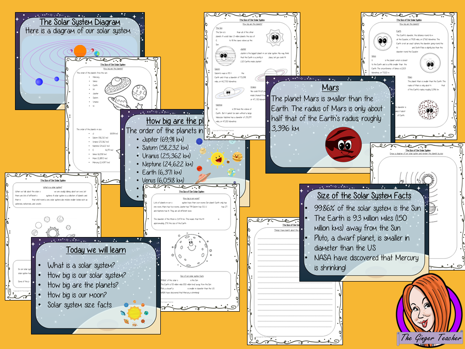 The Size of the Solar System PowerPoint and Worksheets This download teaches children about the sie of the solar system in one complete lesson. There is a detailed 24 slide PowerPoint on the size of the planets, solar system and the moon. There are also differentiated, 7 page, worksheets to allow students to demonstrate their understanding. This pack is great for teaching kids about the size of our solar system. #solarsystem #space #science #sciencelesson