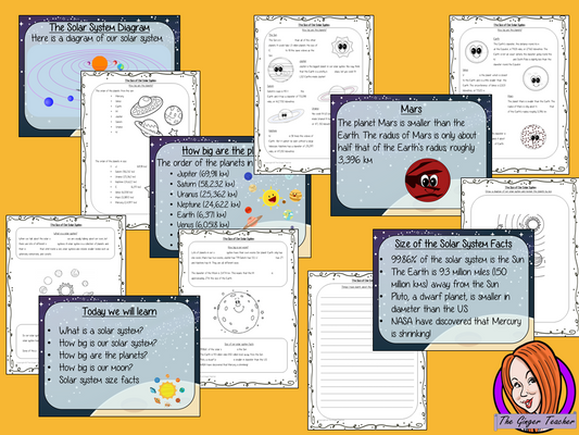 The Size of the Solar System PowerPoint and Worksheets This download teaches children about the sie of the solar system in one complete lesson. There is a detailed 24 slide PowerPoint on the size of the planets, solar system and the moon. There are also differentiated, 7 page, worksheets to allow students to demonstrate their understanding. This pack is great for teaching kids about the size of our solar system. #solarsystem #space #science #sciencelesson