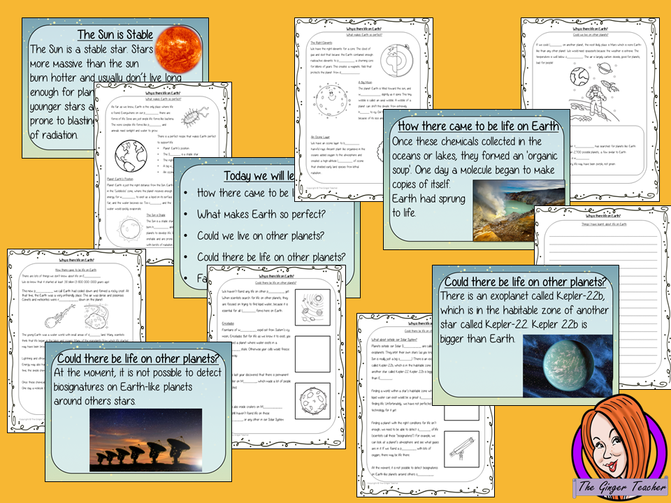 Why is There Life on Earth? PowerPoint and Worksheets Lesson teach children about the start of life on Earth in one complete lesson. Detailed 29 slide PowerPoint on life on Earth, the possibility of life on other planets and discusses if we could live on another planet. There are also differentiated, 7 page, worksheets to allow students to demonstrate their understanding. This pack is great for teaching kids about life on Earth.. #solarsystem #space #science #sciencelesson