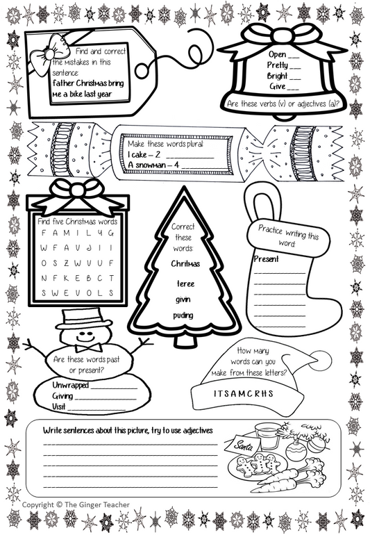 Christmas Spelling, Punctuation and Grammar Workbook This fun 10 page workbook has fun exercises for children to practice their spelling and grammar skills. There are exercises for kids to complete which look at plurals, tenses, sentences, punctuation, spelling and identifying nouns, verbs and adjectives. #Christmas #classroom #spag #planning #lessons #festive #learning #spelling #resources #teaching #lessonplans #holidays #holidayseason #punctuation #grammar