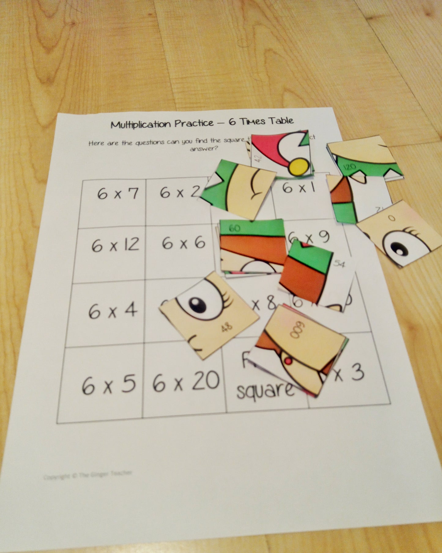 Christmas Themed Independent Multiplication Revision Sheets 6x No Prep independent revision activity for the six times tables. Children have to cut out and stick the correct answer to the question square, when the correct squares are all in place a christmas themed picture will be revealed. #teachmultiplication #revisemultiplication #sixtimestables #noprep #mathsworksheets