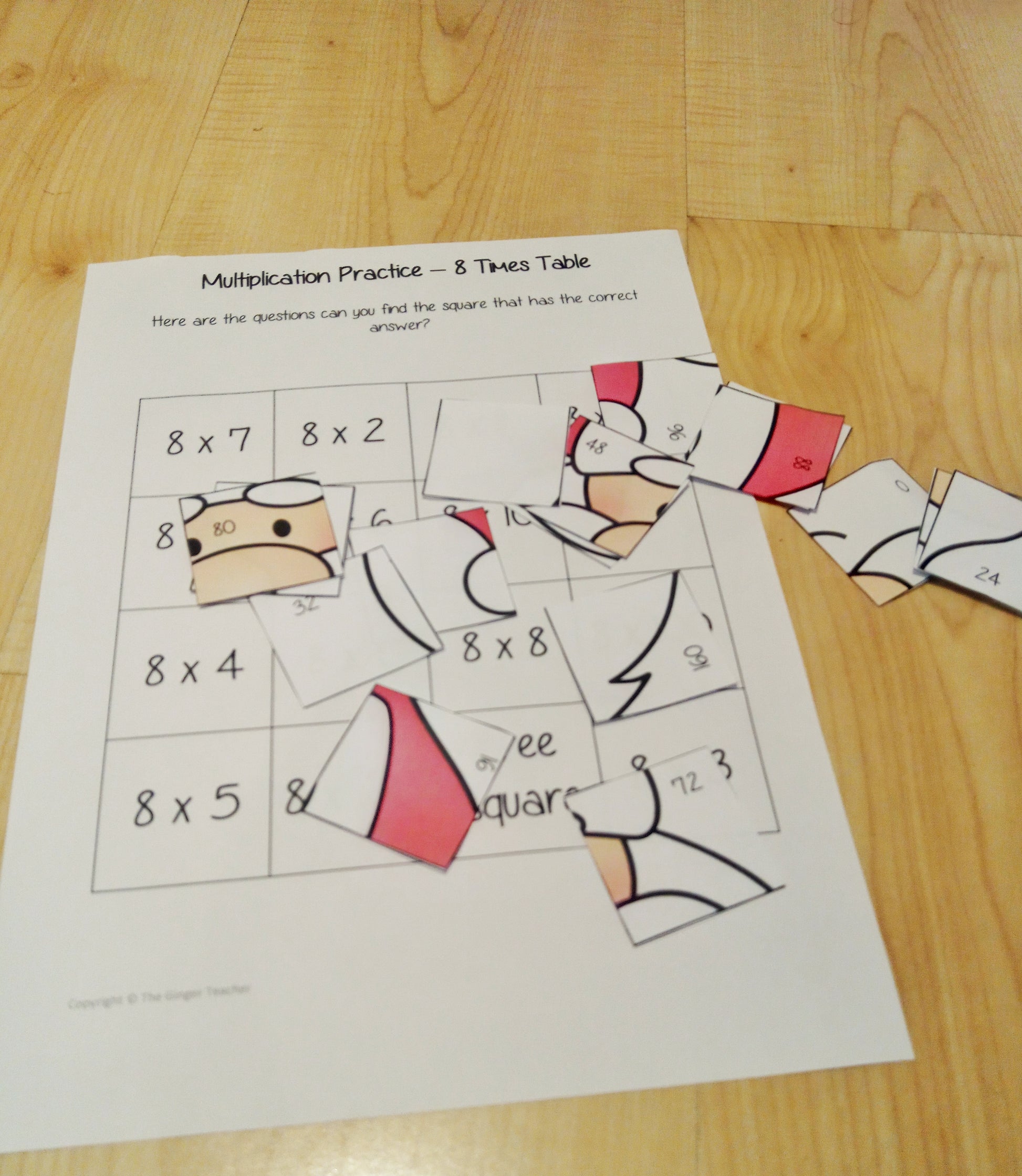 Christmas Themed Independent Multiplication Revision Sheets 8x No Prep independent revision activity for the eight times tables. Children have to cut out and stick the correct answer to the question square, when the correct squares are all in place a christmas themed picture will be revealed. #teachmultiplication #revisemultiplication #eighttimestables #noprep #mathsworksheets