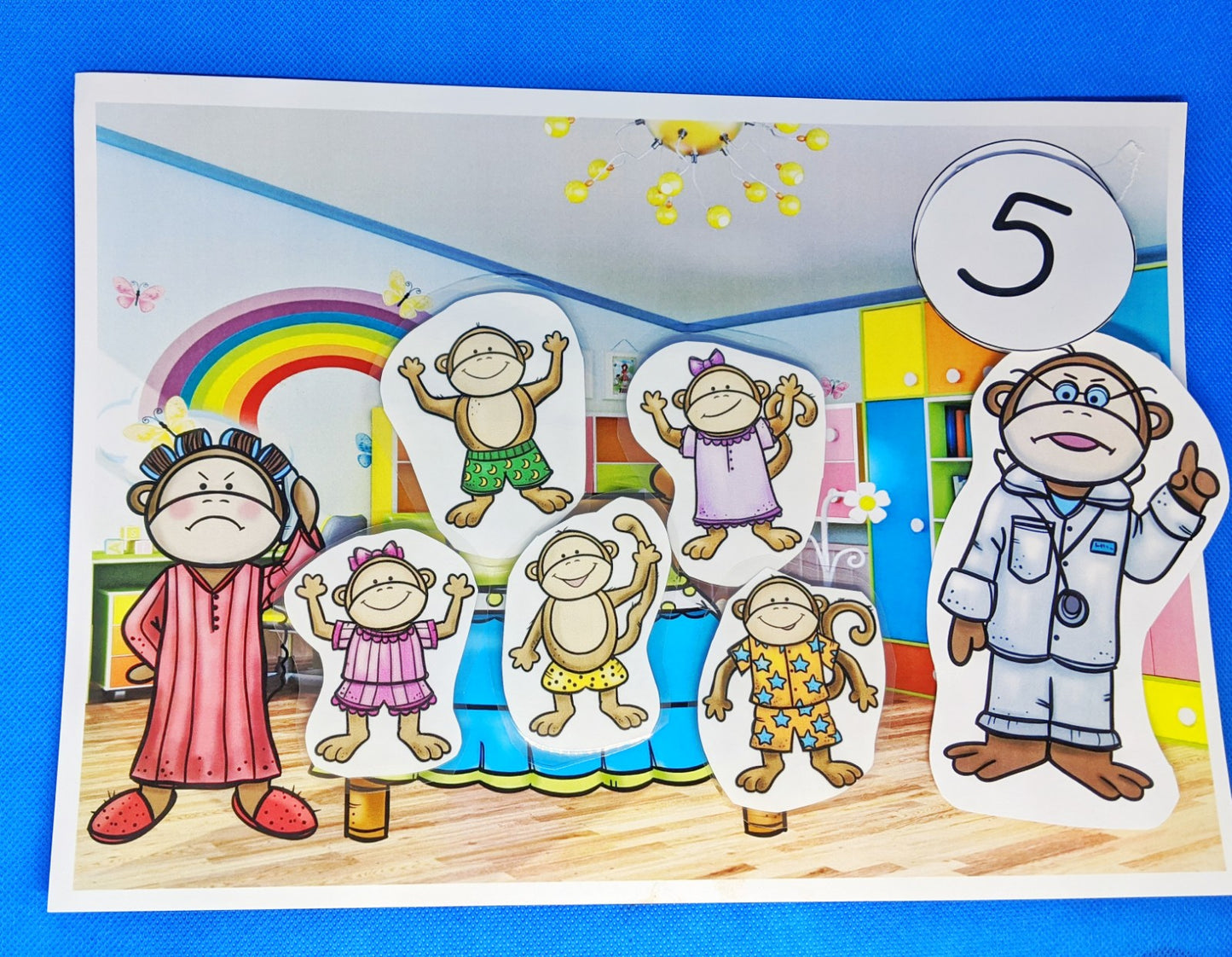 Five Little Monkeys Numbers Game Use this fun game to demonstrate the 5 little monkeys song. Use the scene and the monkeys to act out the song and practice counting. Preschool game. Great for teaching counting to prek