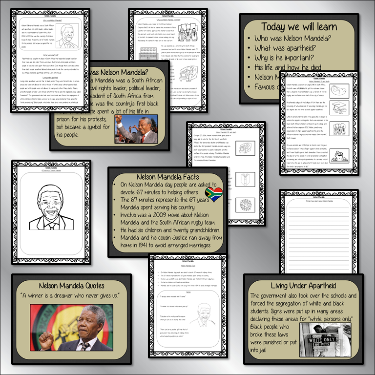 Nelson Mandela PowerPoint and Worksheets Lesson engaging history lesson to teach children about Nelson Mandela. Perfect for Black History Month in your classroom, make teaching about apartheid and black history interesting and engaging. Great lesson with many facts and activities for your kids to enjoy. #lessonplanning #teaching #resources #historylessons #historyplanning #nelsonmandela #blackhistorymonth