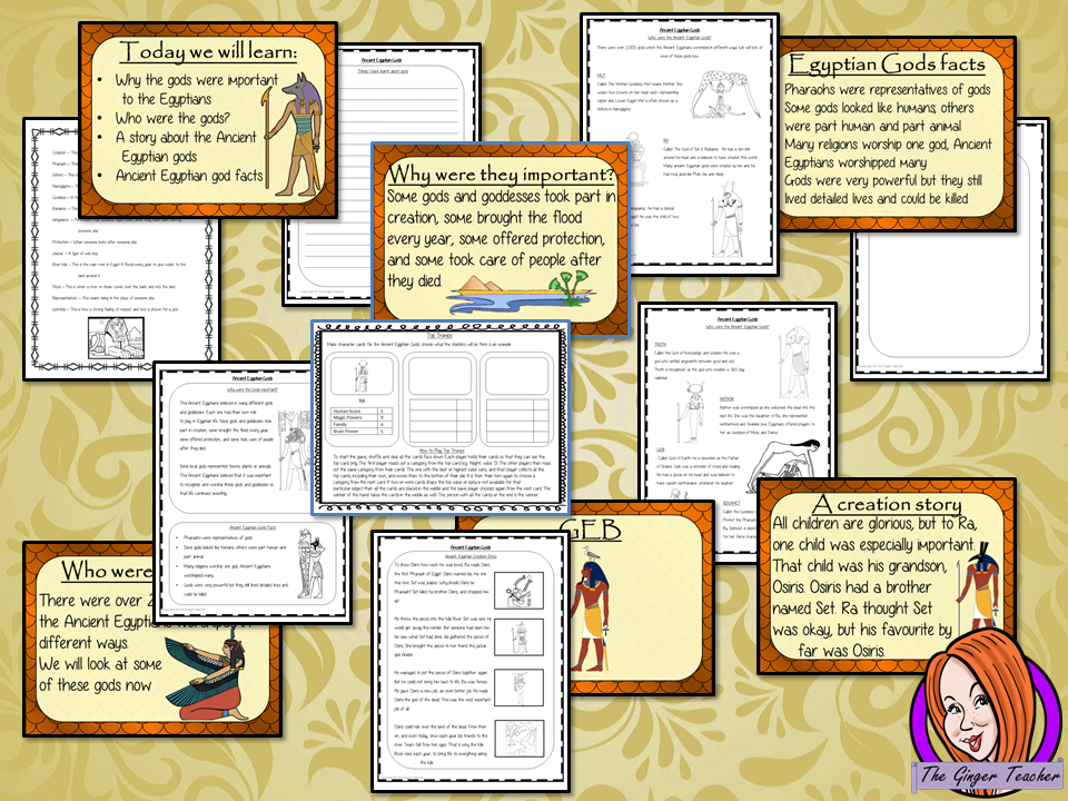 Ancient Egyptian Gods Complete History Lesson Teach children about Ancient Egyptian gods. The children will learn who the gods were, their different abilities and one of the Egyptian creation story. There is a detailed 37 slide PowerPoint and four versions of the 7-page worksheet to allow children to show their understanding, along with an activity to create fact cards for the gods #lessonplanning #ancientegyptians #egyptians #teaching #resources #historylessons #historyplanning