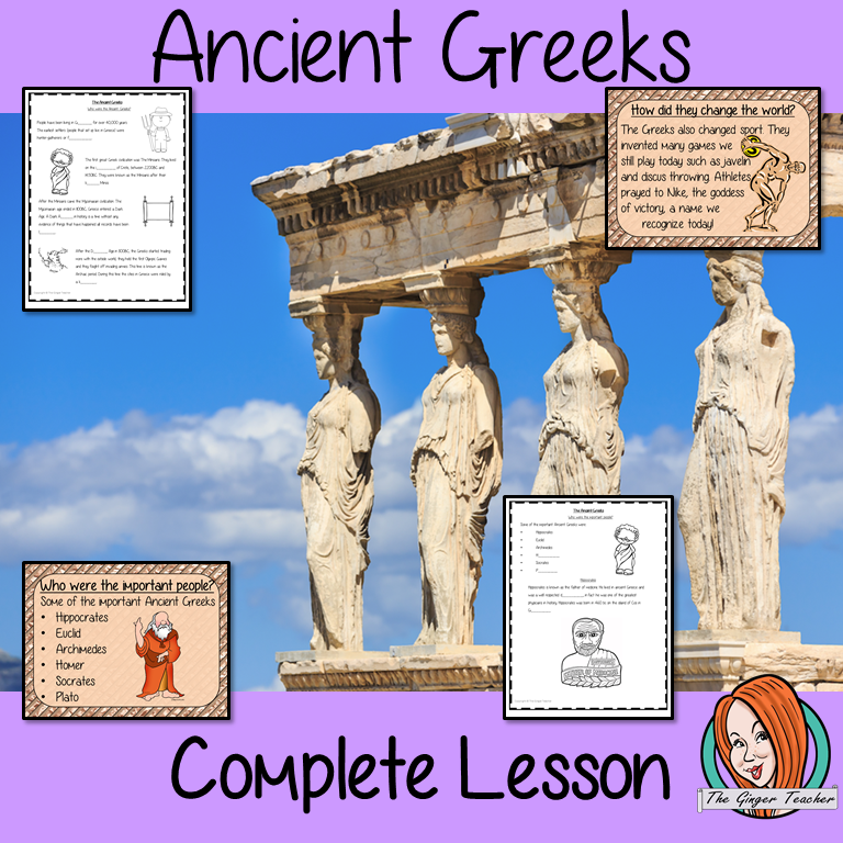 Ancient Greeks Complete History Lesson This download is a complete lesson to teach children about the Ancient Greek Civilization.  The children will learn about who they were and how the Greek Civilization changed the world. Some of the most important people from the Greek Civilization. 32 slide PowerPoint 10-page worksheet an activity to write an explanation text on the Greek Civilization. #lessonplanning #ancientGreeks #Greeks #teaching #resources #historylessons #historyplanning
