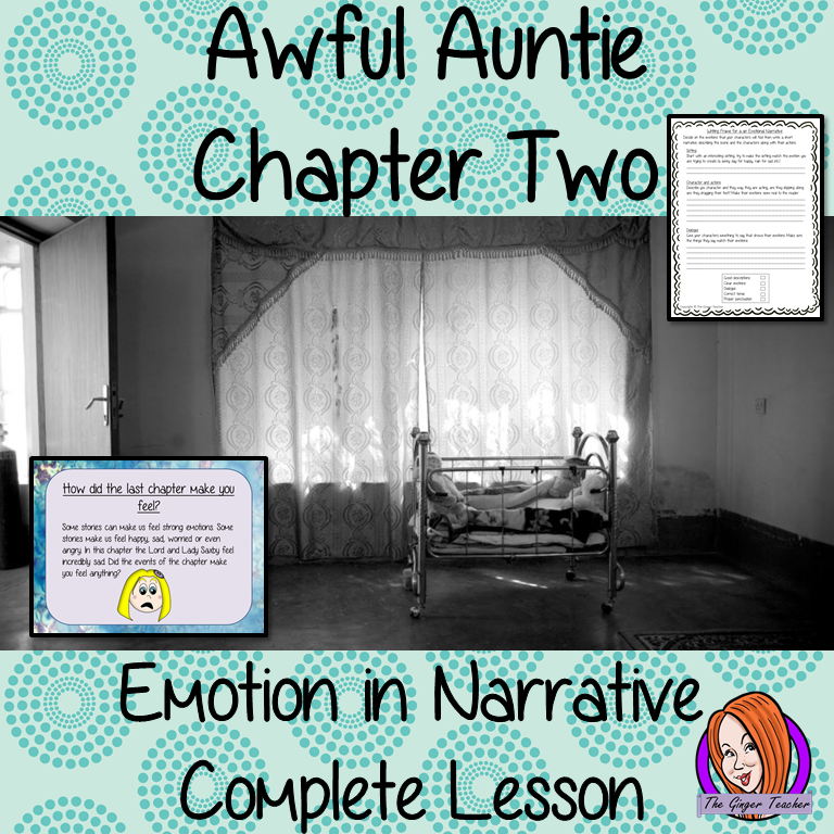 Writing Emotion in Narratives, Complete English Lesson on Awful Auntie by David Walliams complete, narrative writing lesson on the 2nd chapter how to write emotion in narrative. Children read and discuss the chapter. Detailed PowerPoint to ensure  understanding of elements of writing emotional narrative. The class write a narrative and then the children plan and write their own #lessonplans #bookstudy #teachingideas #readingactivities #awfulaunty #davidwalliams 